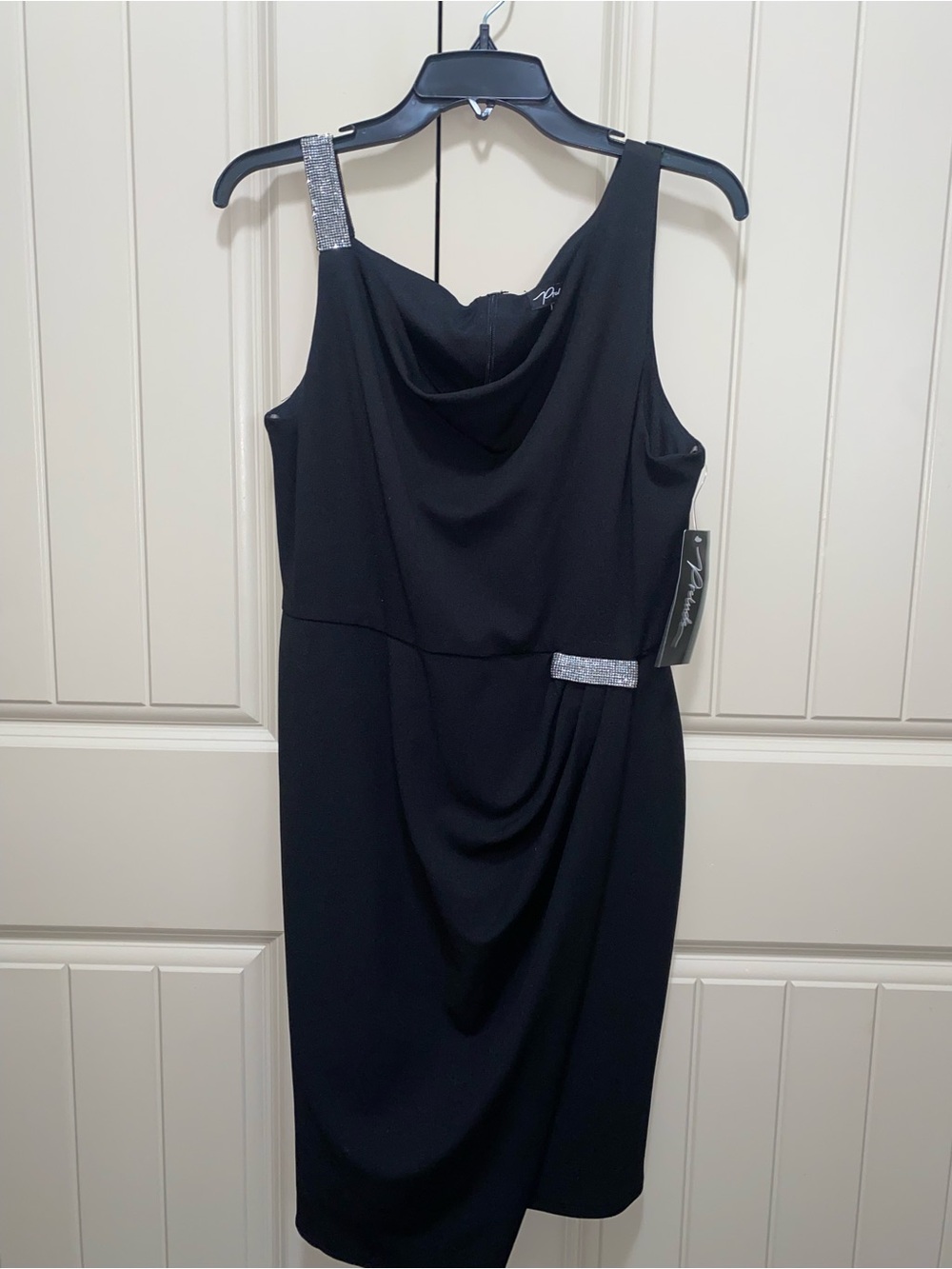 New Elegant Black Sleeveless Cowl Neck Dress with Silver Accents size medium